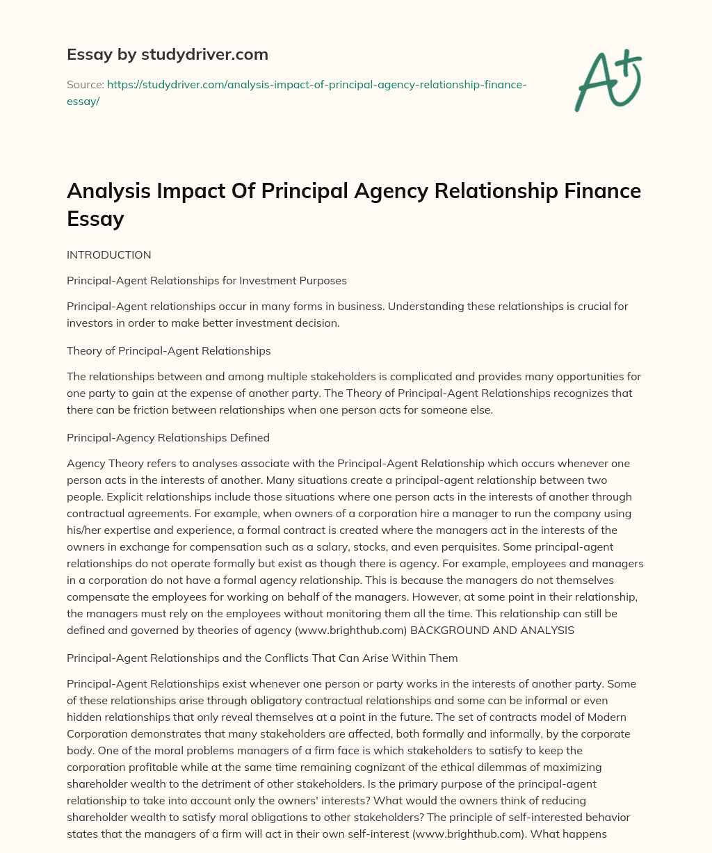 Analysis Impact of Principal Agency Relationship Finance Essay essay