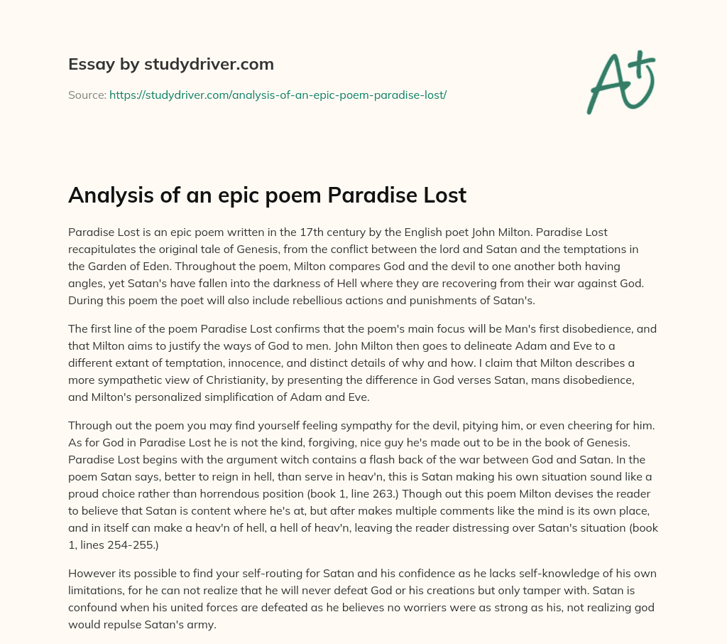 Analysis of an Epic Poem Paradise Lost essay