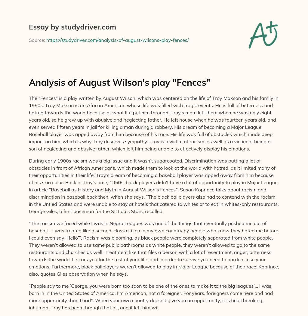 Analysis of August Wilson’s Play “Fences” essay