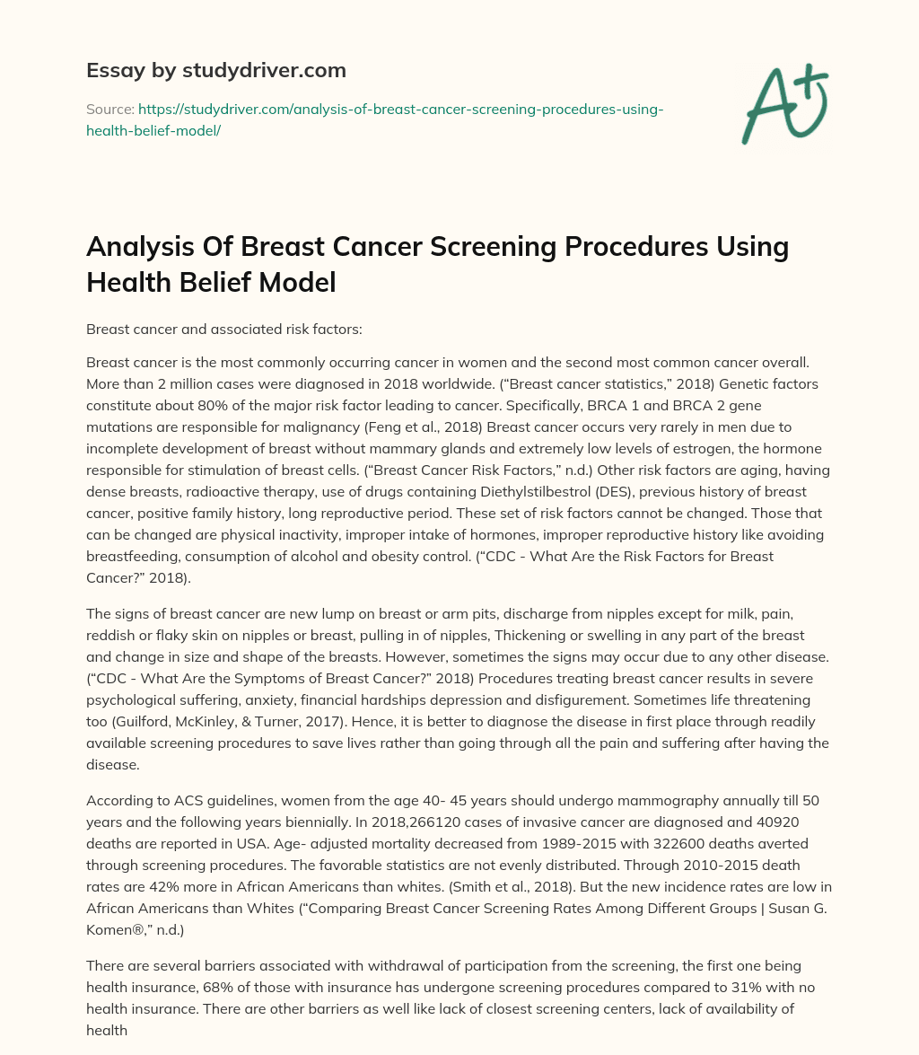 Analysis of Breast Cancer Screening Procedures Using Health Belief Model essay