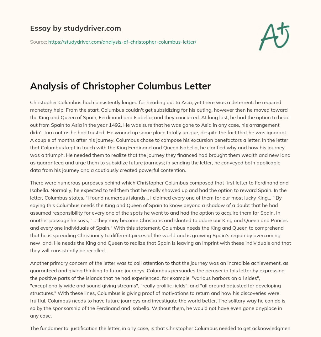 Analysis of Christopher Columbus Letter essay