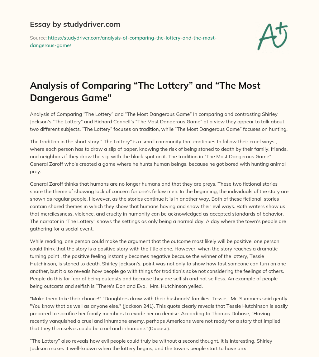 Analysis of Comparing “The Lottery” and “The most Dangerous Game” essay