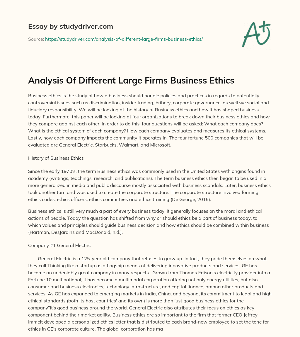 Analysis of Different Large Firms Business Ethics essay