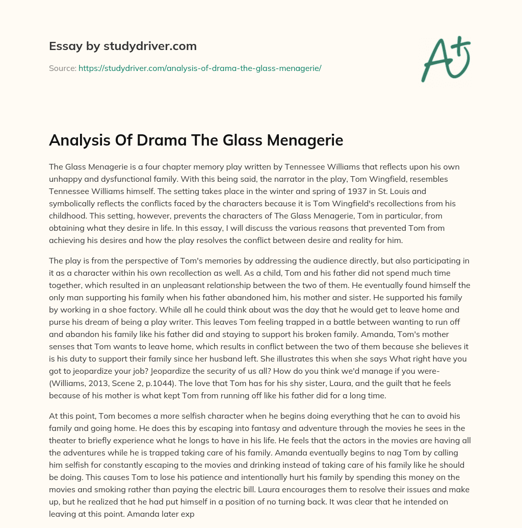 Analysis of Drama the Glass Menagerie essay