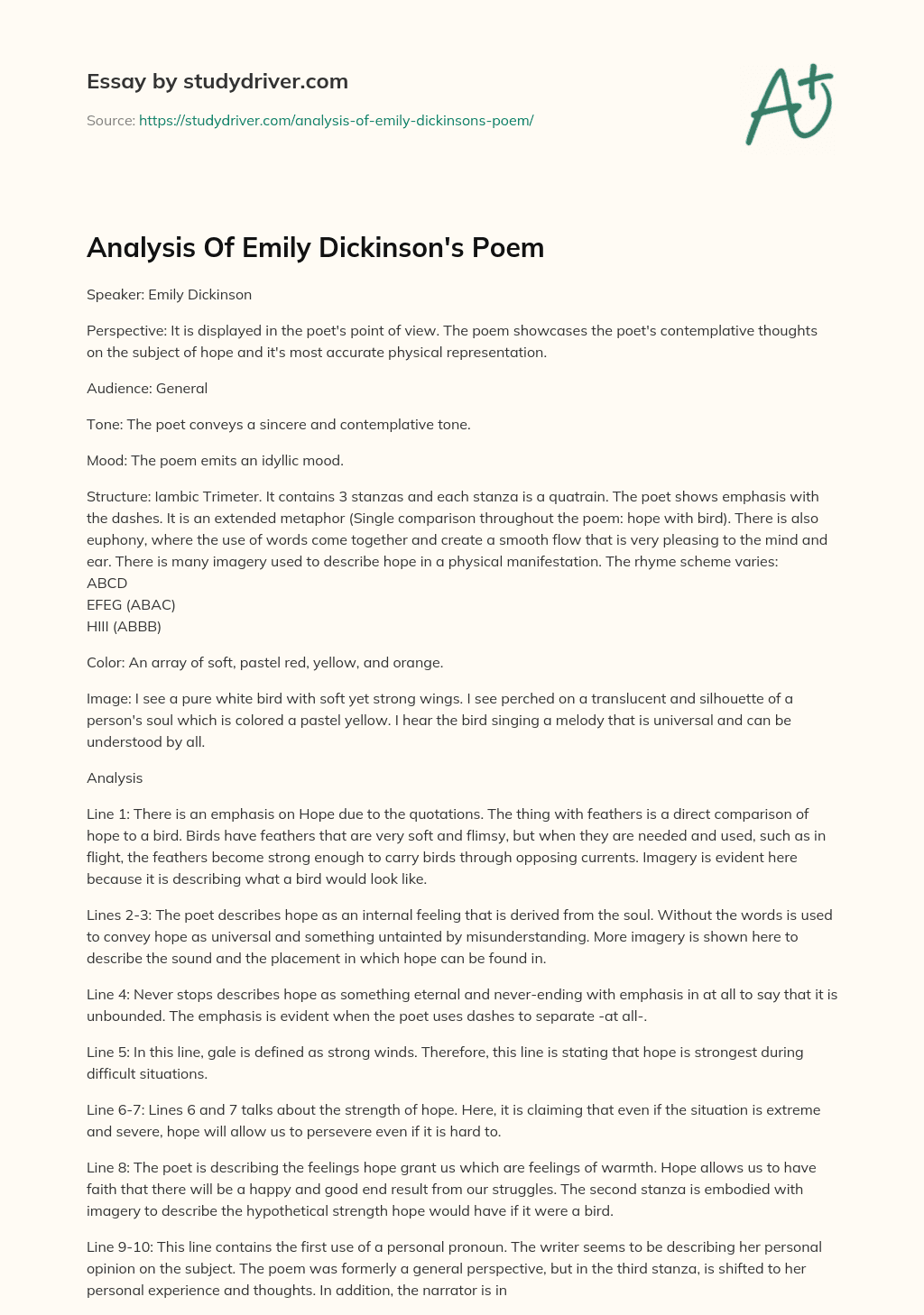 Analysis of Emily Dickinson’s Poem essay