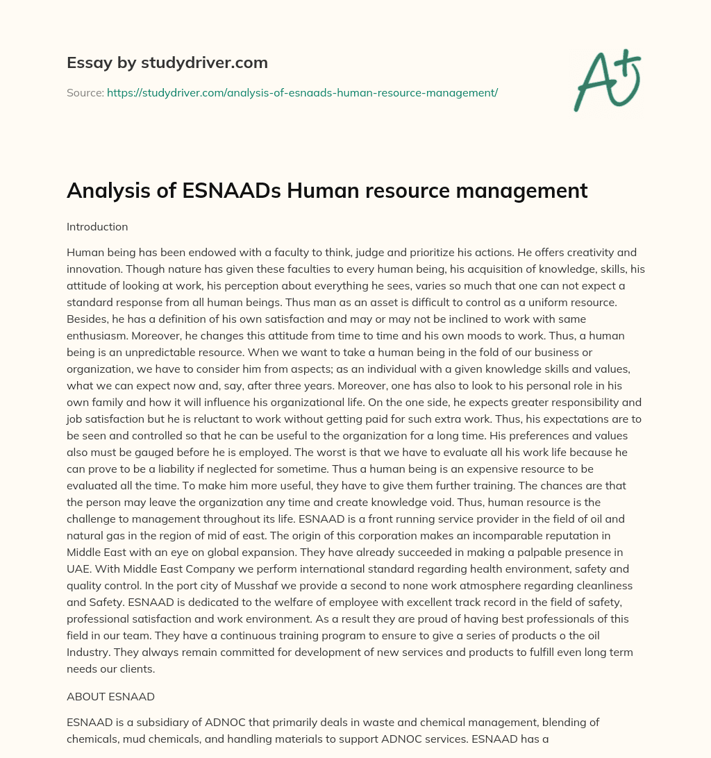 Analysis of ESNAADs Human Resource Management essay