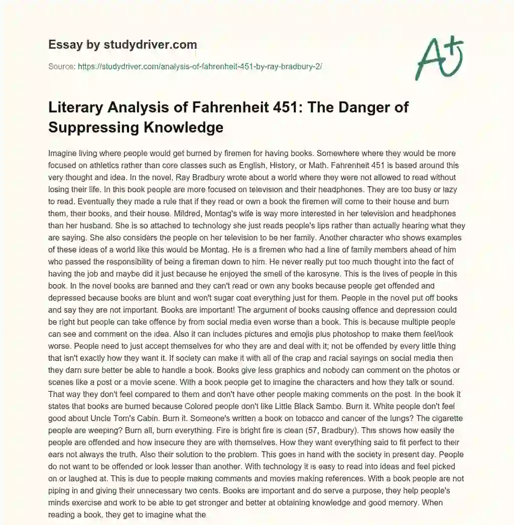 Analysis of Fahrenheit 451 by Ray Bradbury essay