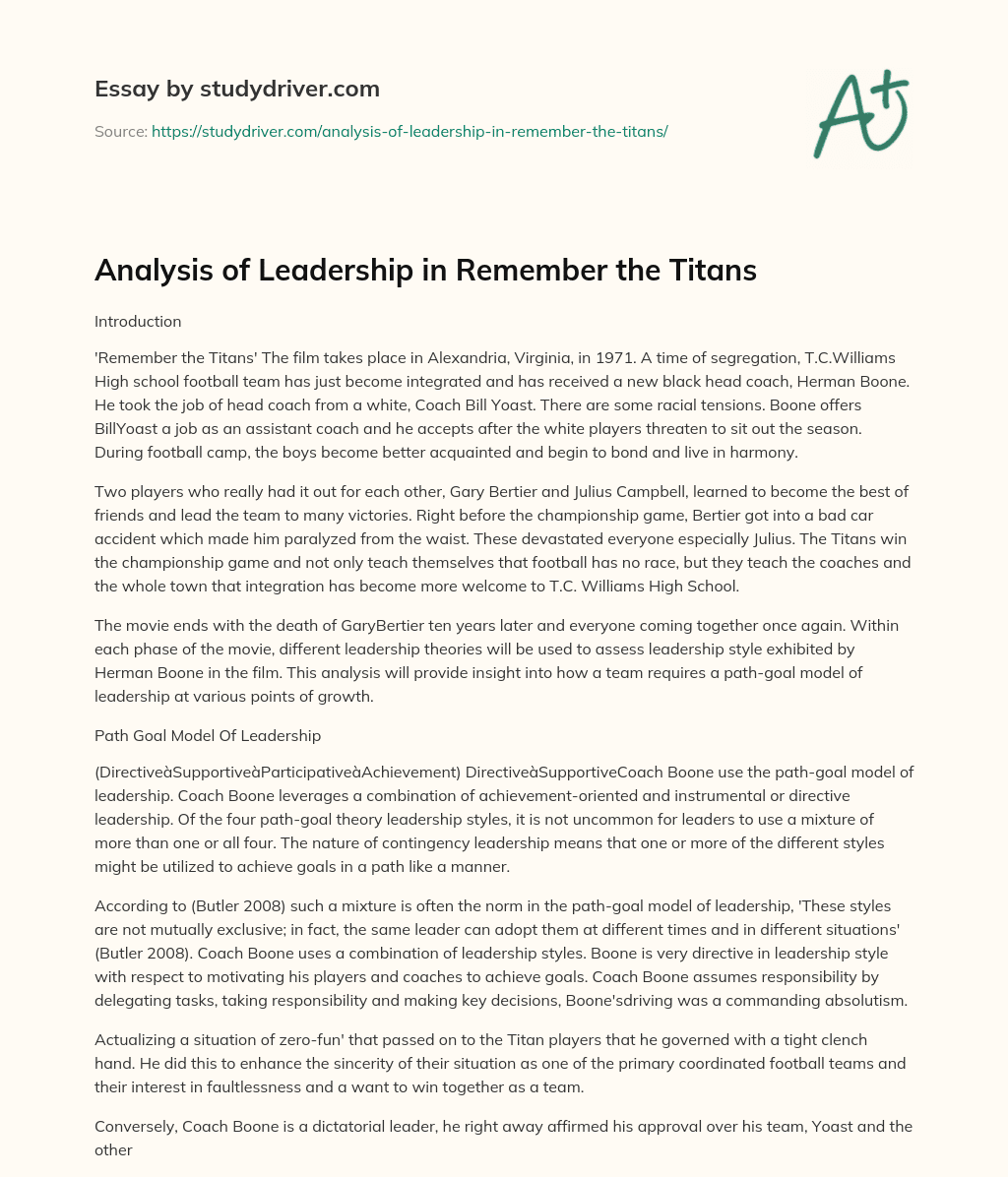 Analysis of Leadership in Remember the Titans essay