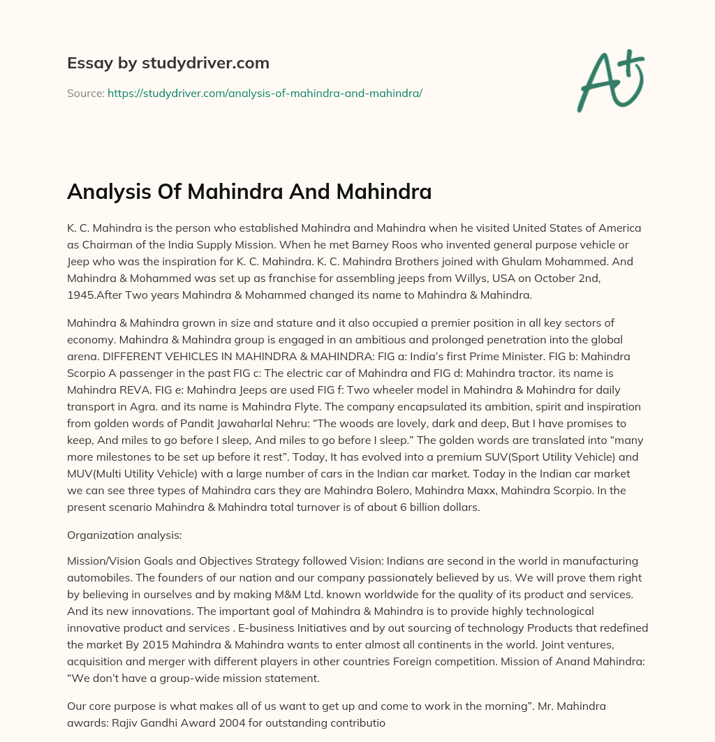 Analysis of Mahindra and Mahindra essay