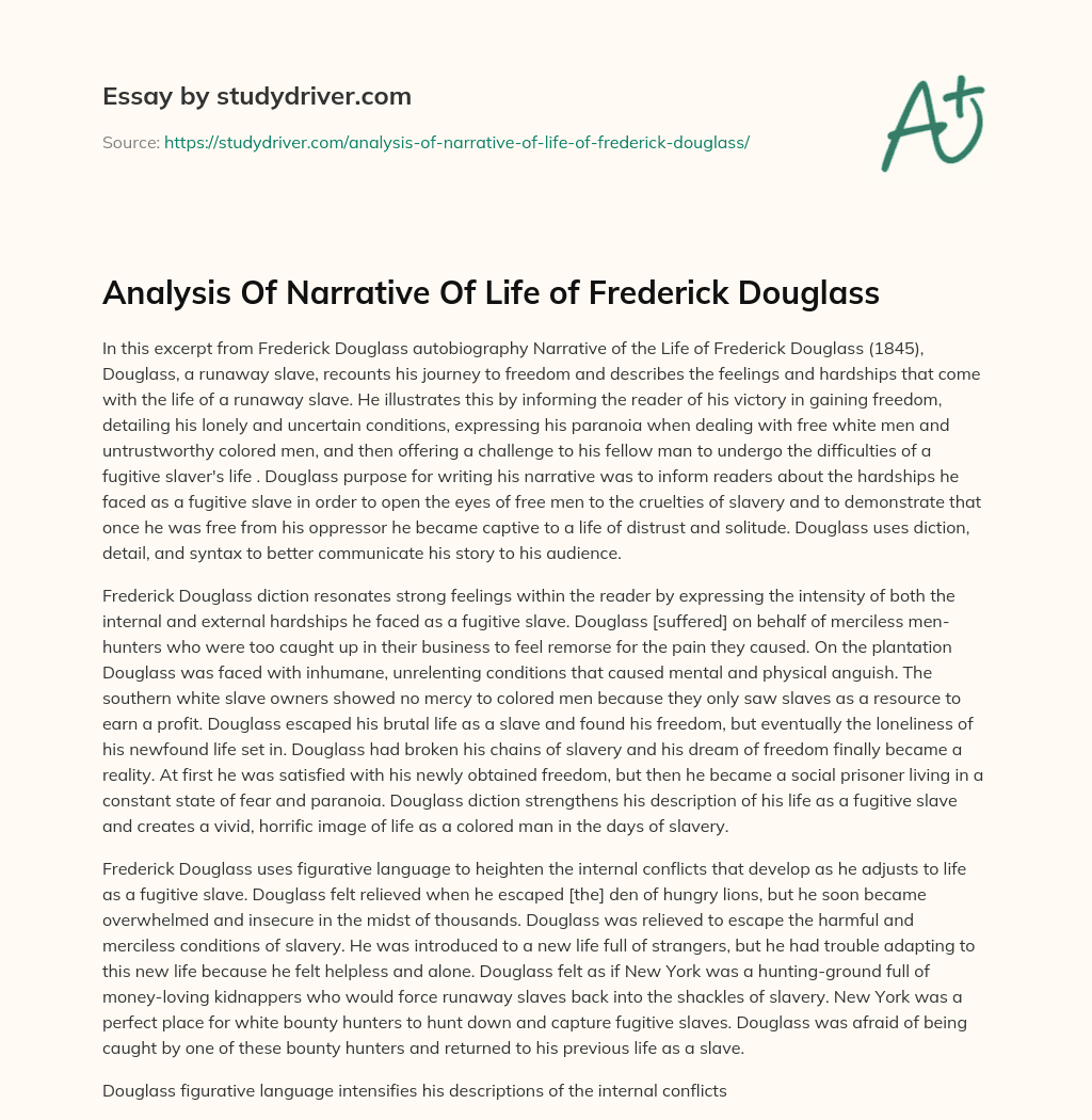 Analysis of Narrative of Life of Frederick Douglass essay