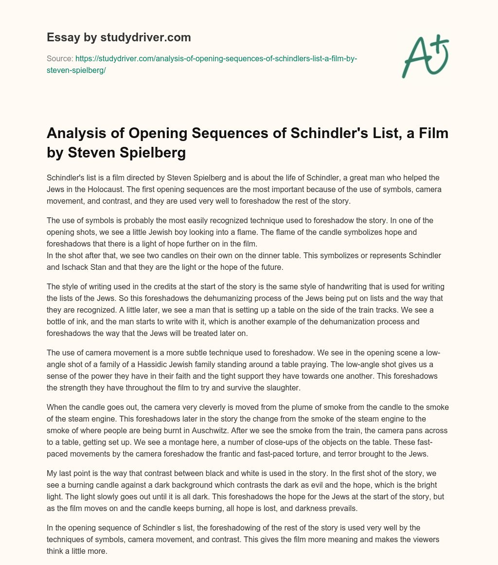 Analysis of Opening Sequences of Schindler’s List, a Film by Steven Spielberg essay
