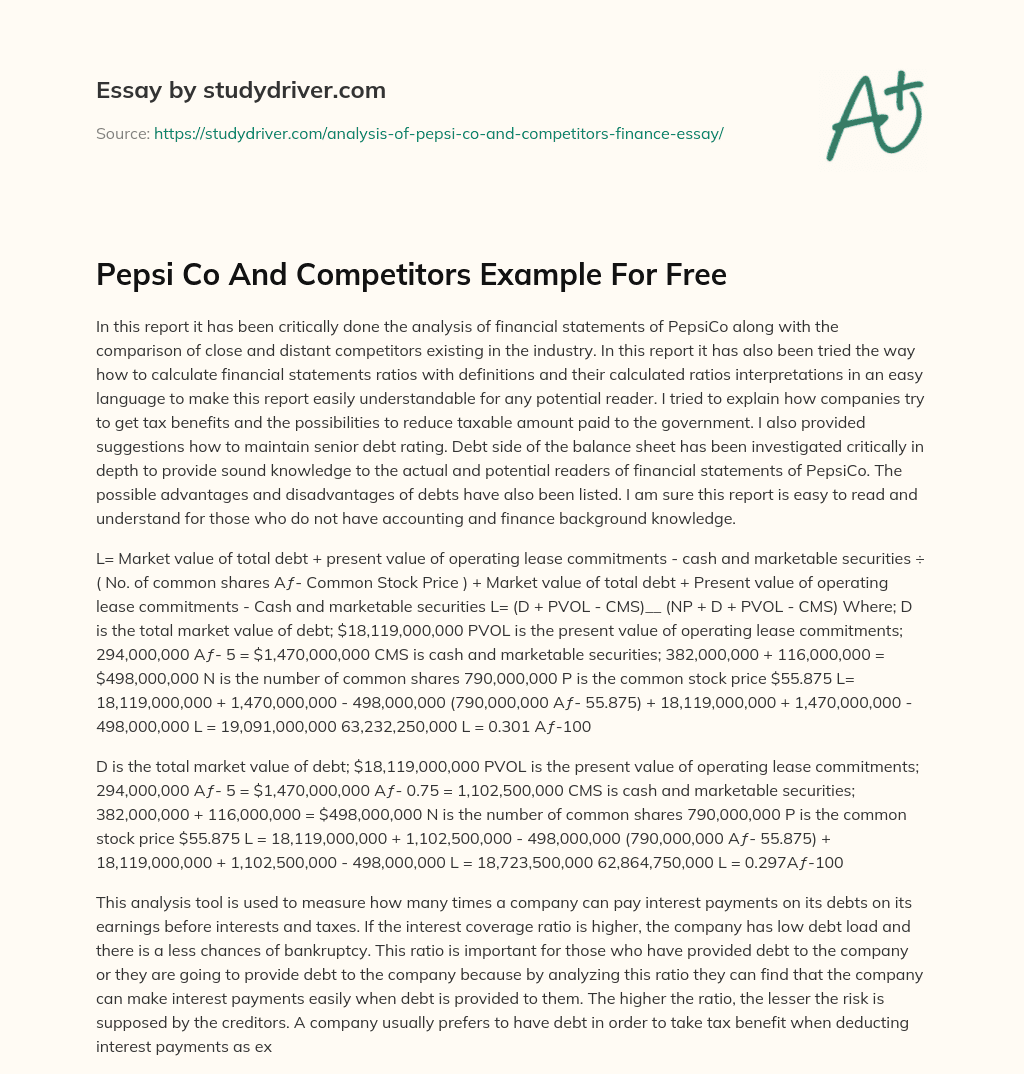 Pepsi Co and Competitors Example for Free essay