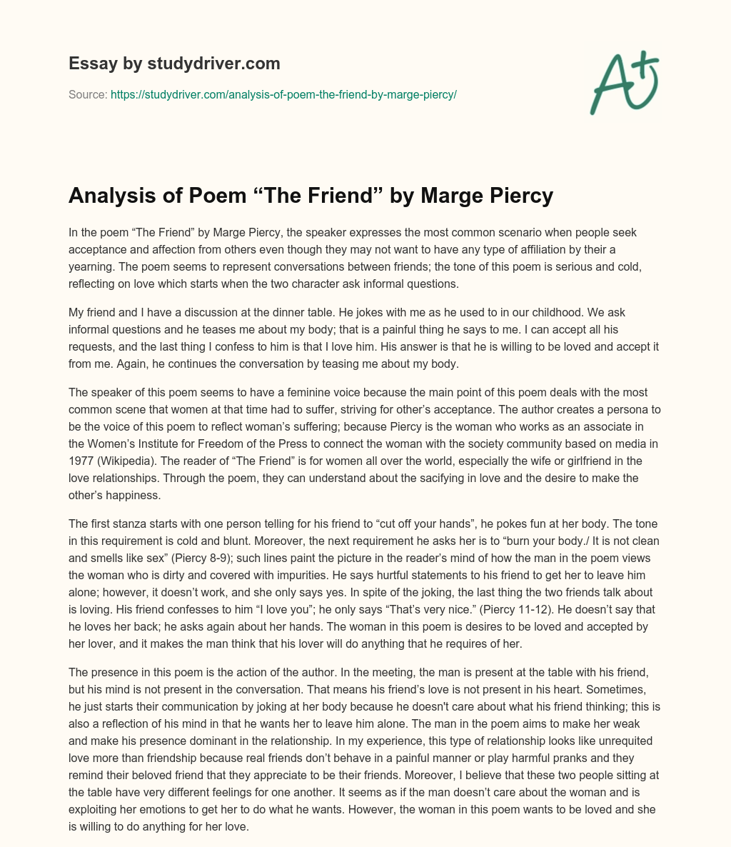 Analysis of Poem “The Friend” by Marge Piercy essay