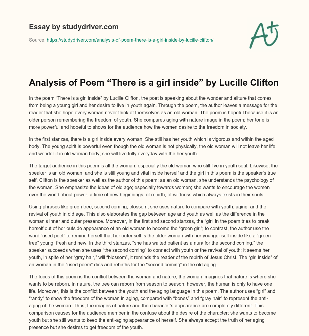 Analysis of Poem “There is a Girl Inside” by Lucille Clifton essay