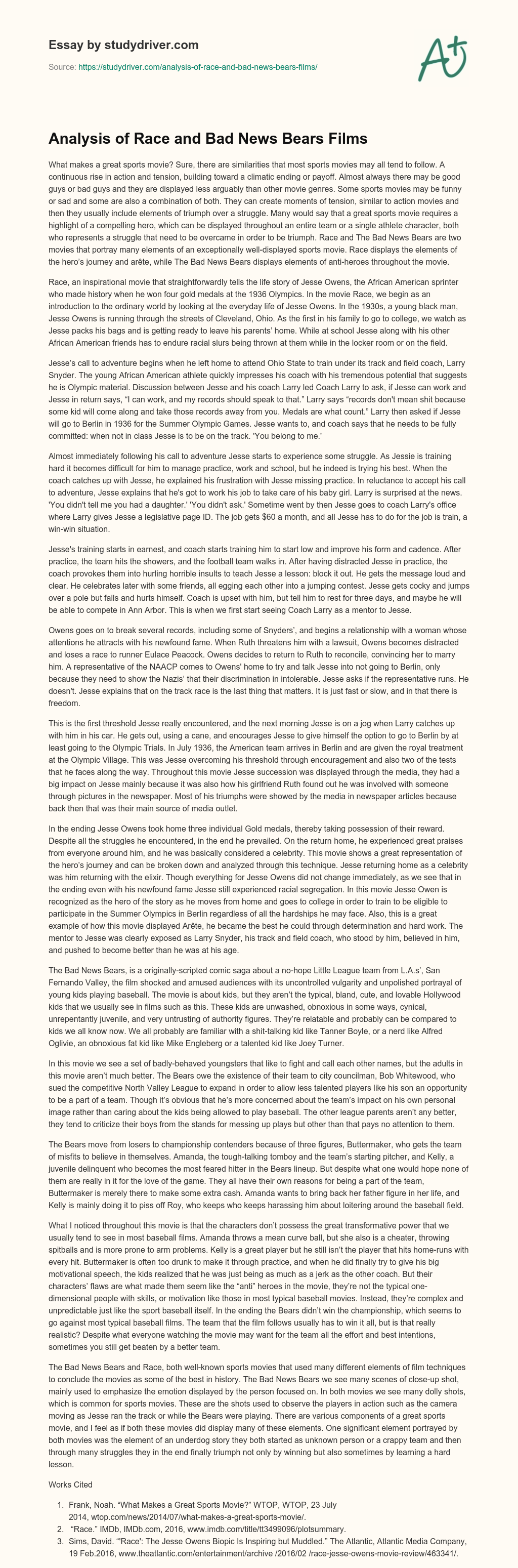 Analysis of Race and Bad News Bears Films essay