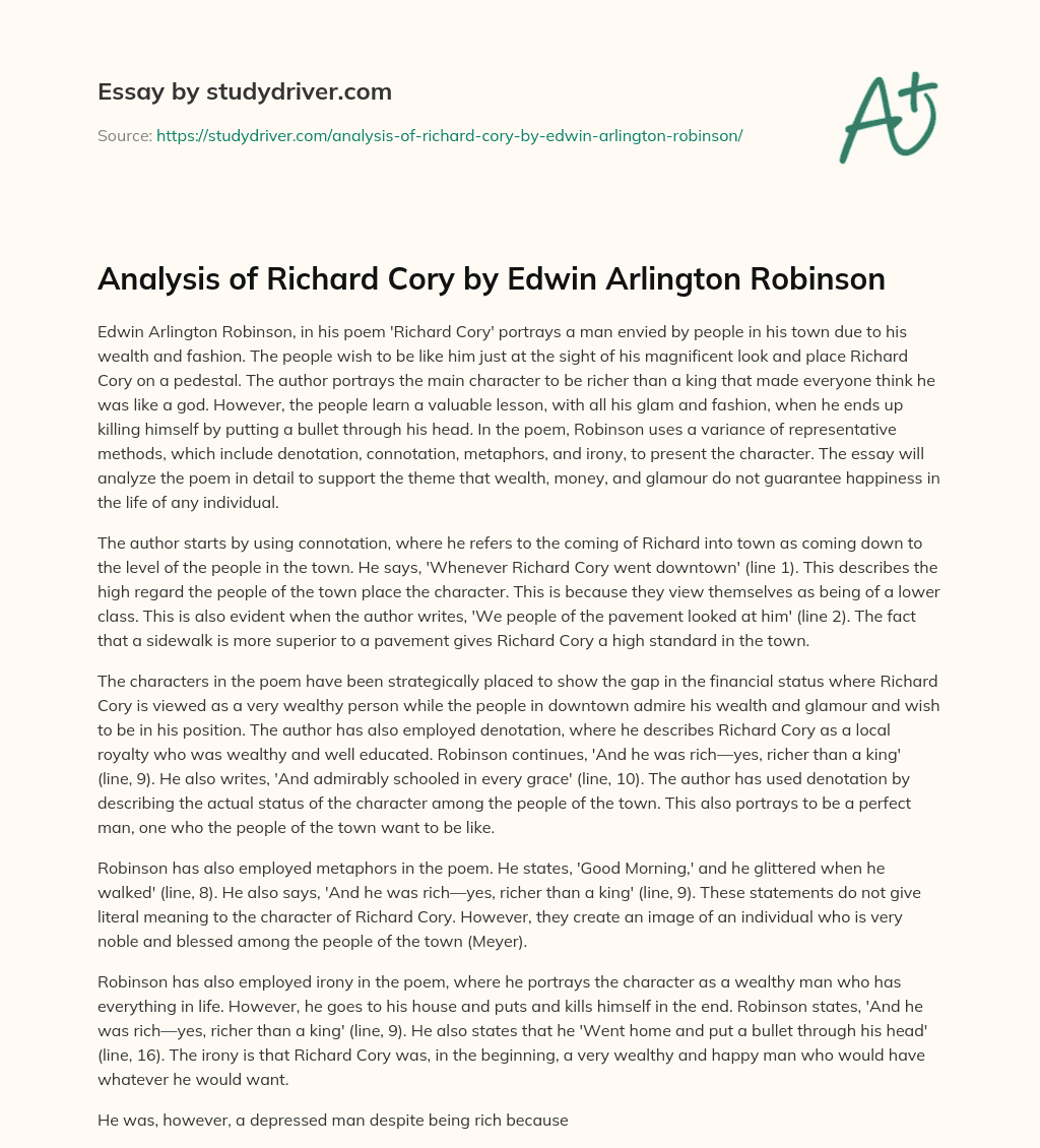 Analysis of Richard Cory by Edwin Arlington Robinson essay