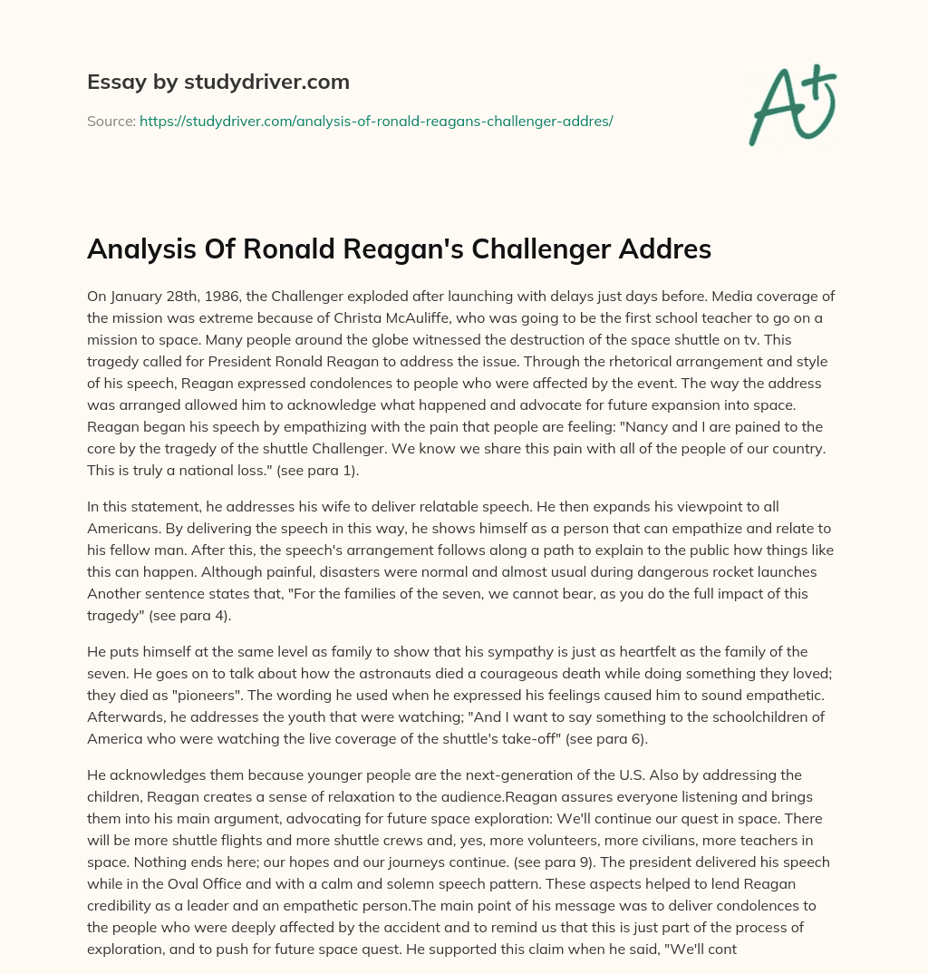 Analysis of Ronald Reagan’s Challenger Addres essay