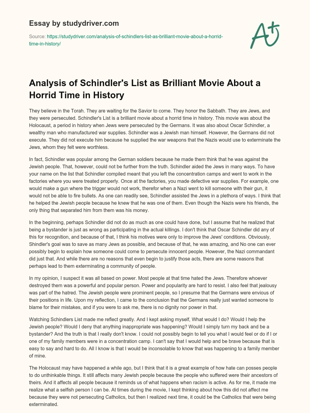 Analysis of Schindler’s List as Brilliant Movie about a Horrid Time in History essay