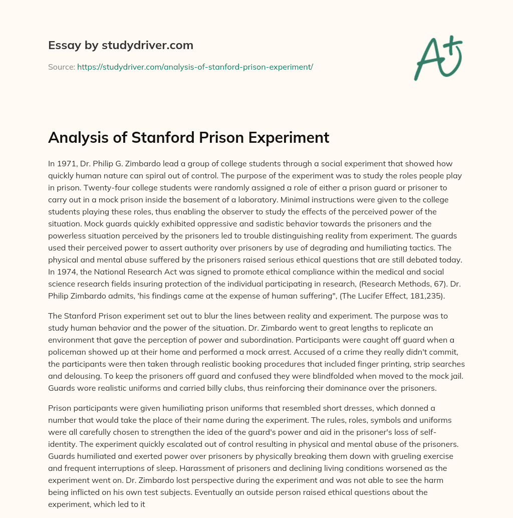 Analysis of Stanford Prison Experiment essay