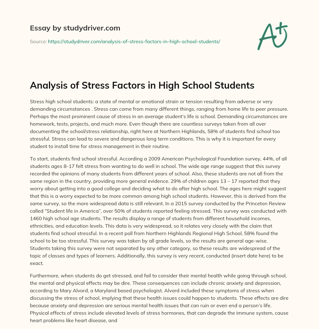Analysis of Stress Factors in High School Students essay