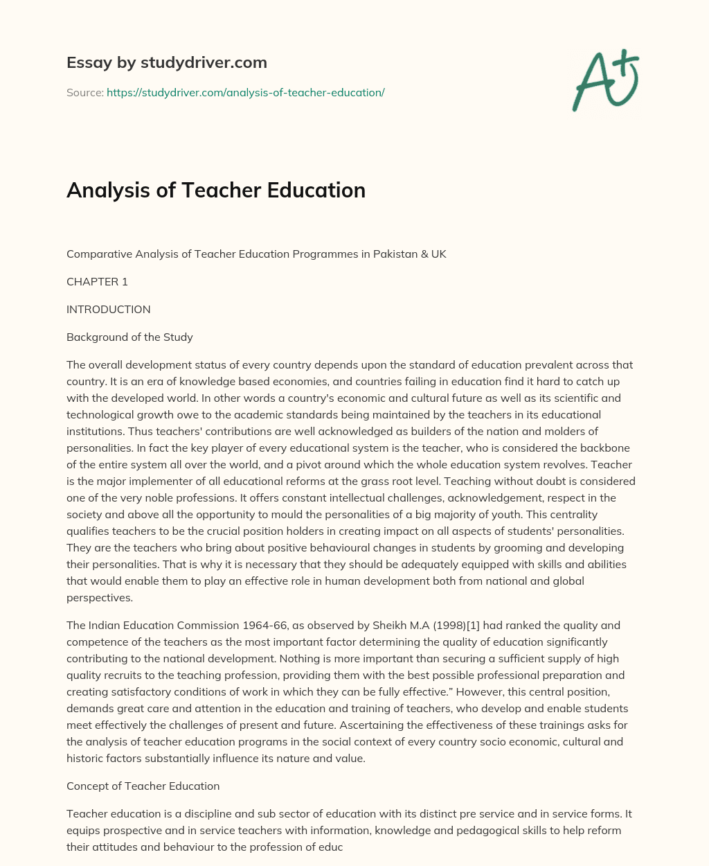 Analysis of Teacher Education essay