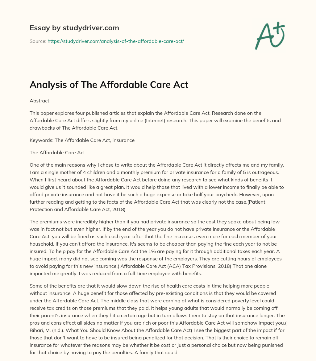 Analysis of the Affordable Care Act essay