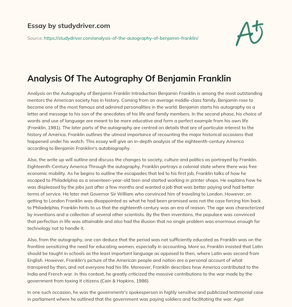 Analysis of the Autography of Benjamin Franklin essay