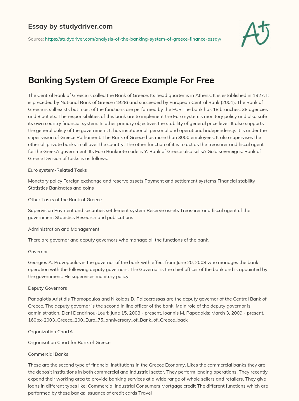 Banking System of Greece Example for Free essay
