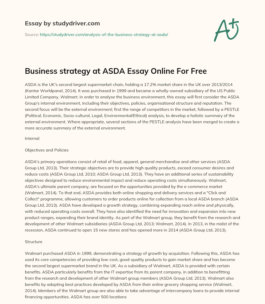 Business Strategy at ASDA Essay Online for Free essay