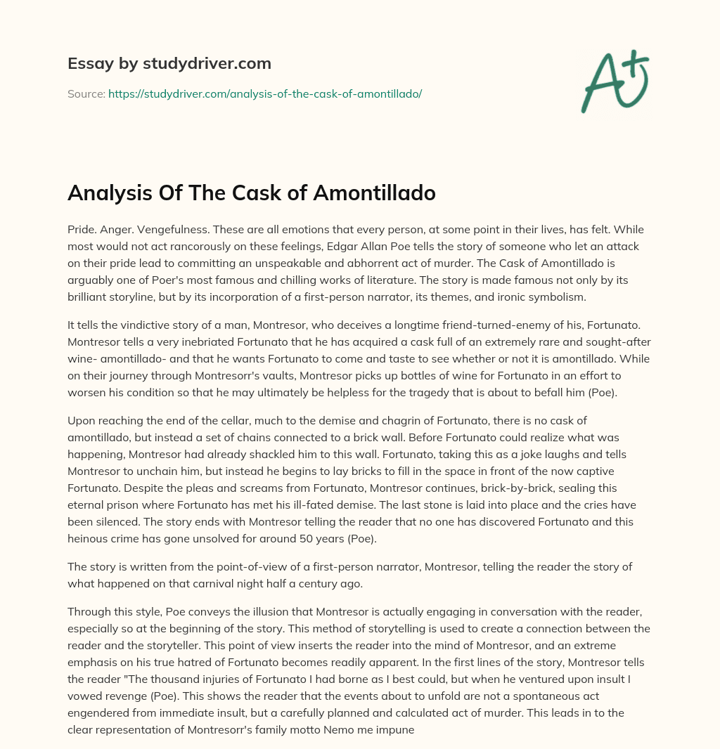 Analysis of the Cask of Amontillado essay