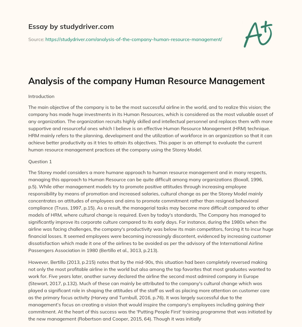 Analysis of the Company Human Resource Management essay