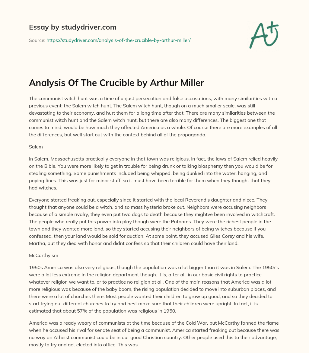 Analysis of the Crucible by Arthur Miller essay
