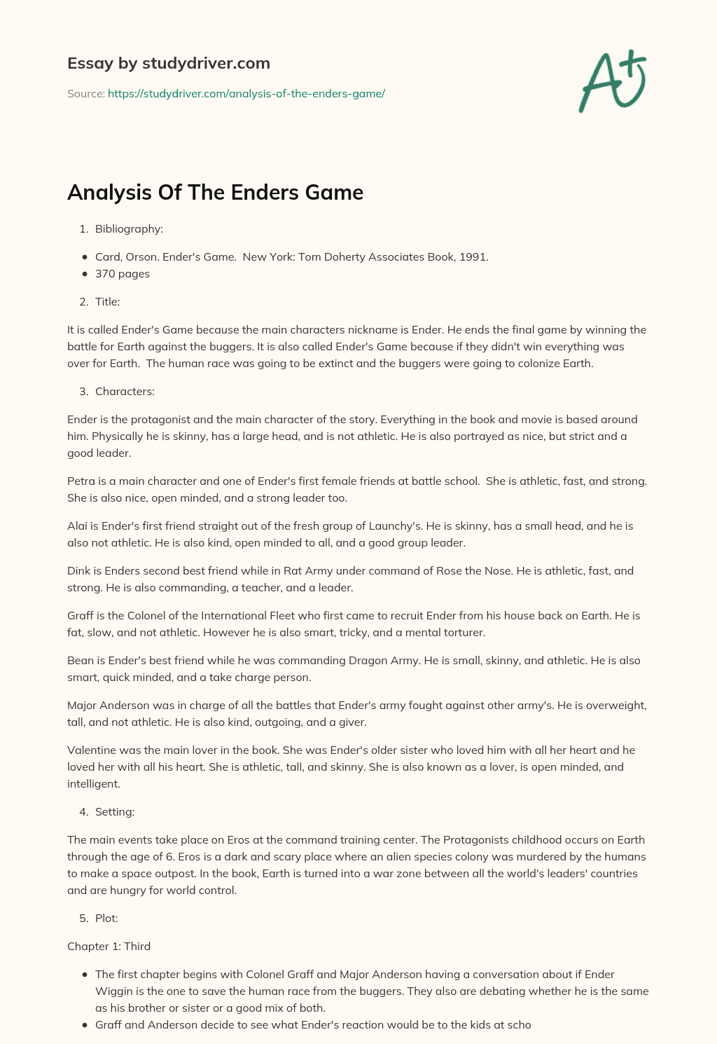 Analysis of the Enders Game essay