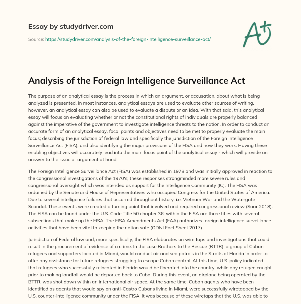 Analysis of the Foreign Intelligence Surveillance Act essay