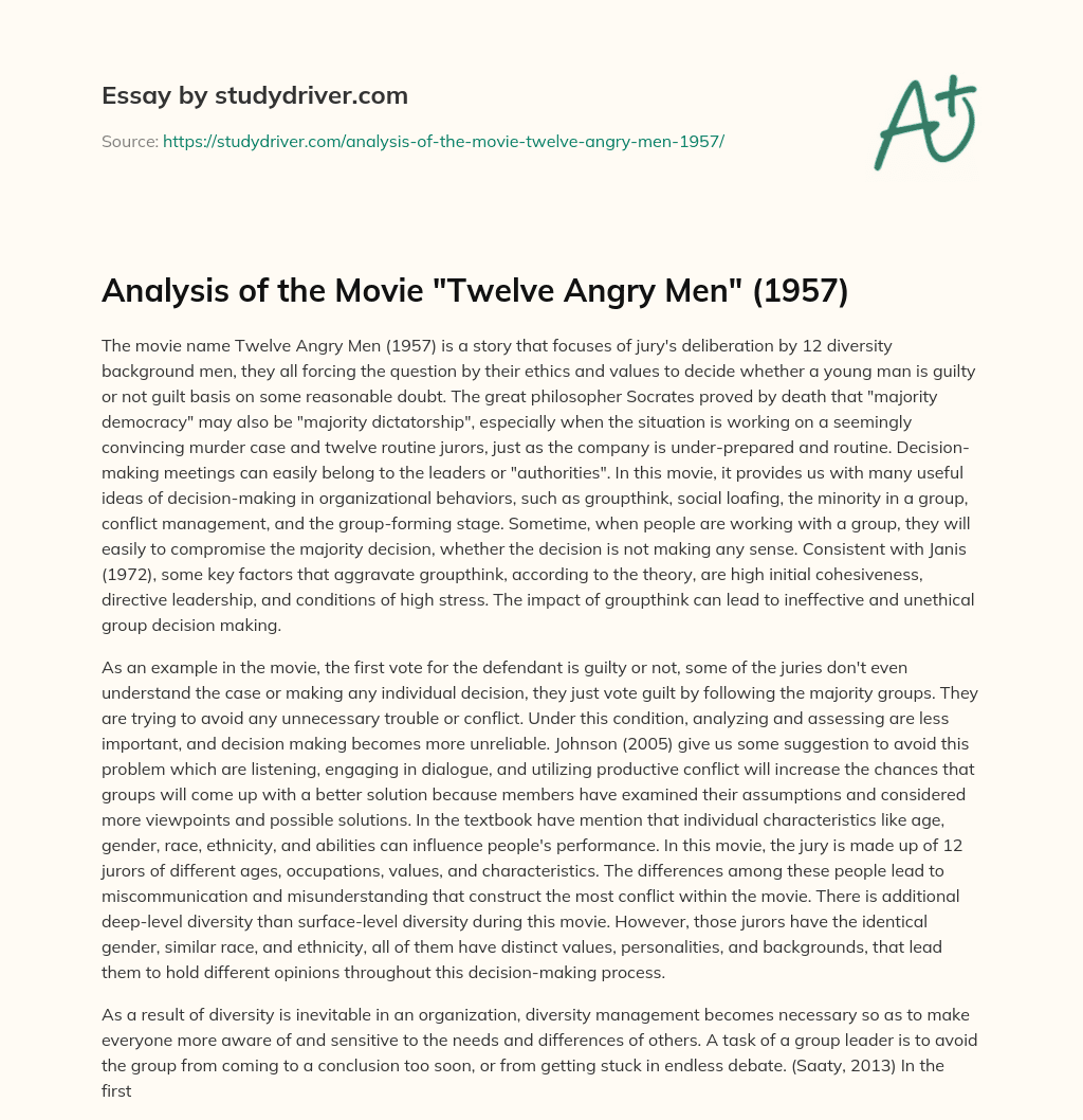Analysis of the Movie “Twelve Angry Men” (1957) essay
