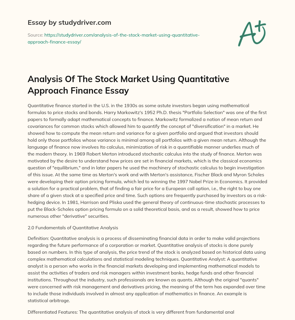 Analysis of the Stock Market Using Quantitative Approach Finance Essay essay