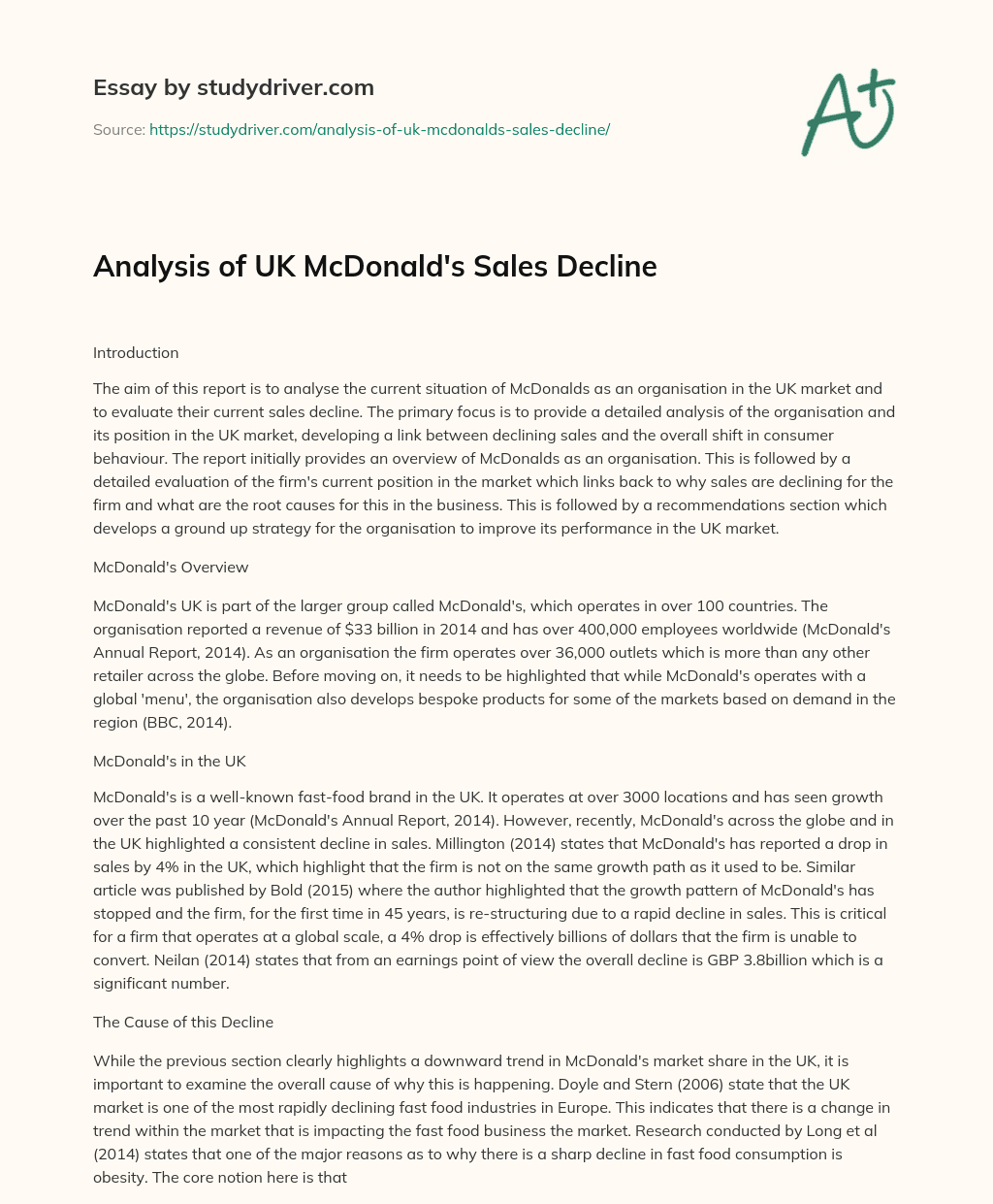 Analysis of UK McDonald’s Sales Decline essay