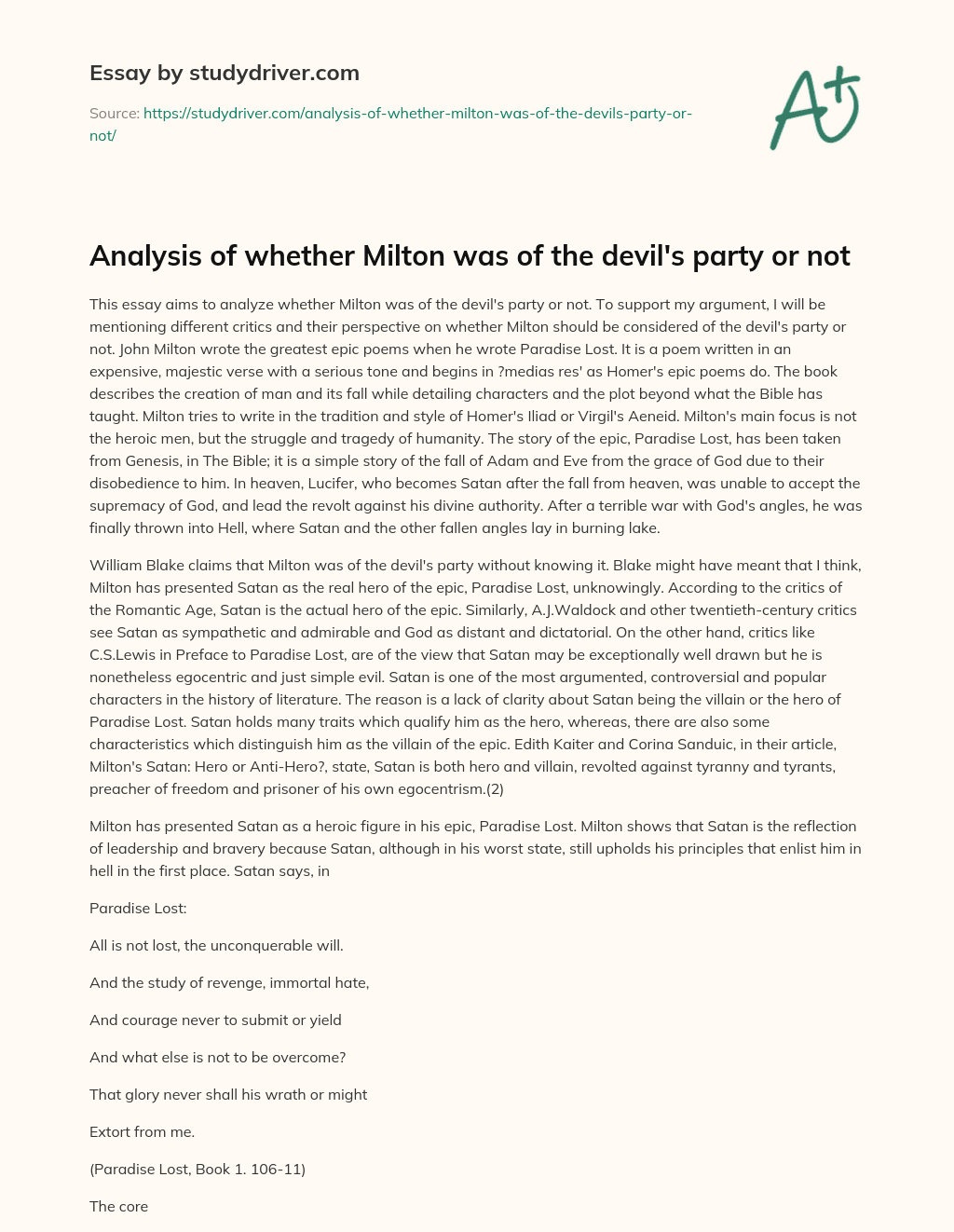 Analysis of Whether Milton was of the Devil’s Party or not essay