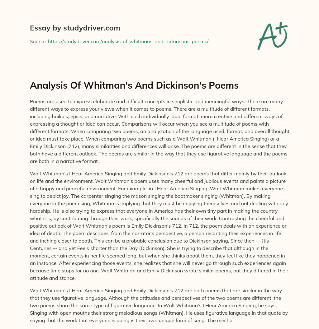 Analysis of Whitman’s and Dickinson’s Poems essay