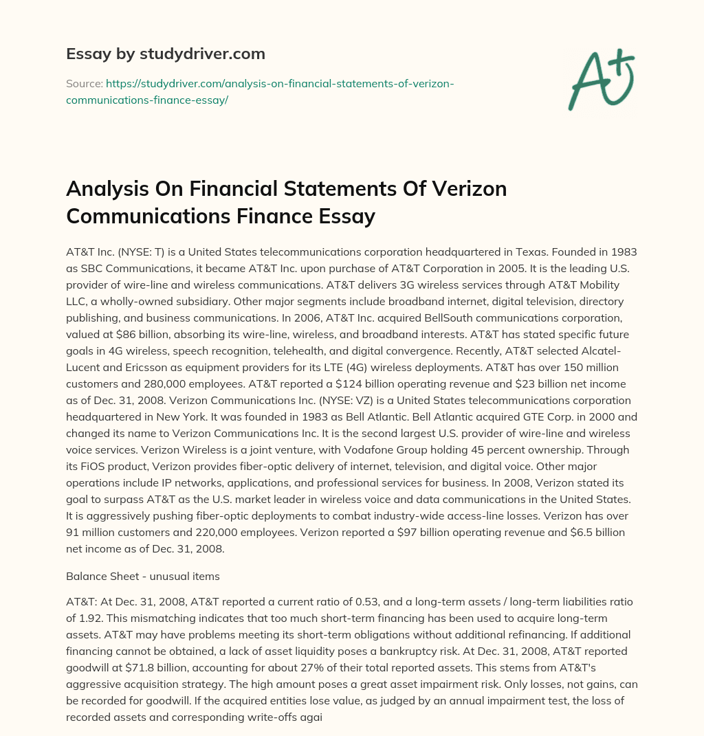 Analysis on Financial Statements of Verizon Communications Finance Essay essay