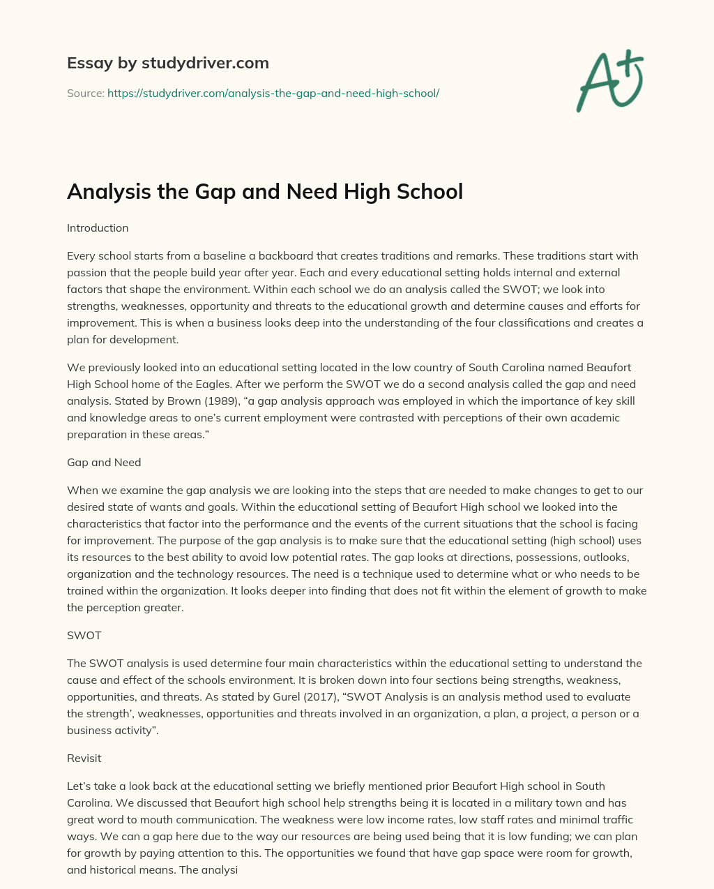Analysis the Gap and Need High School essay
