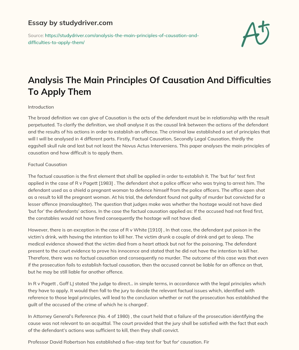 Analysis the Main Principles of Causation and Difficulties to Apply them essay