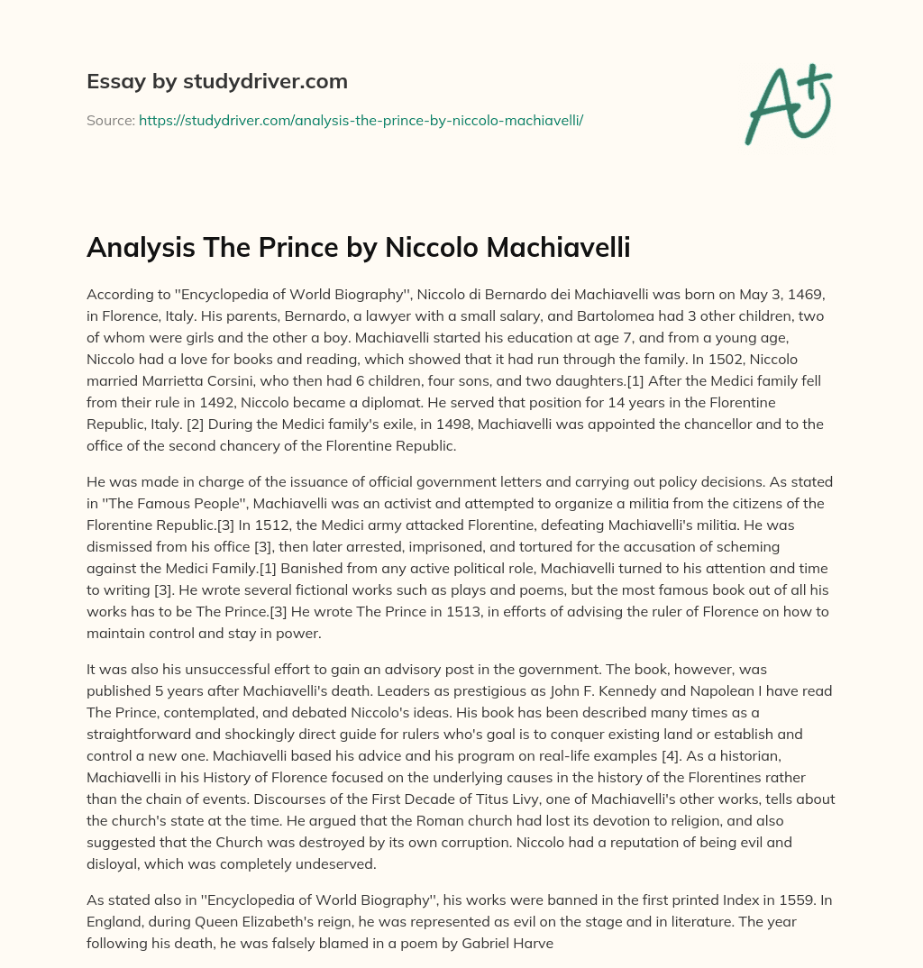 Analysis the Prince by Niccolo Machiavelli essay