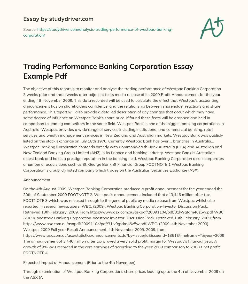 Trading Performance Banking Corporation Essay Example Pdf essay