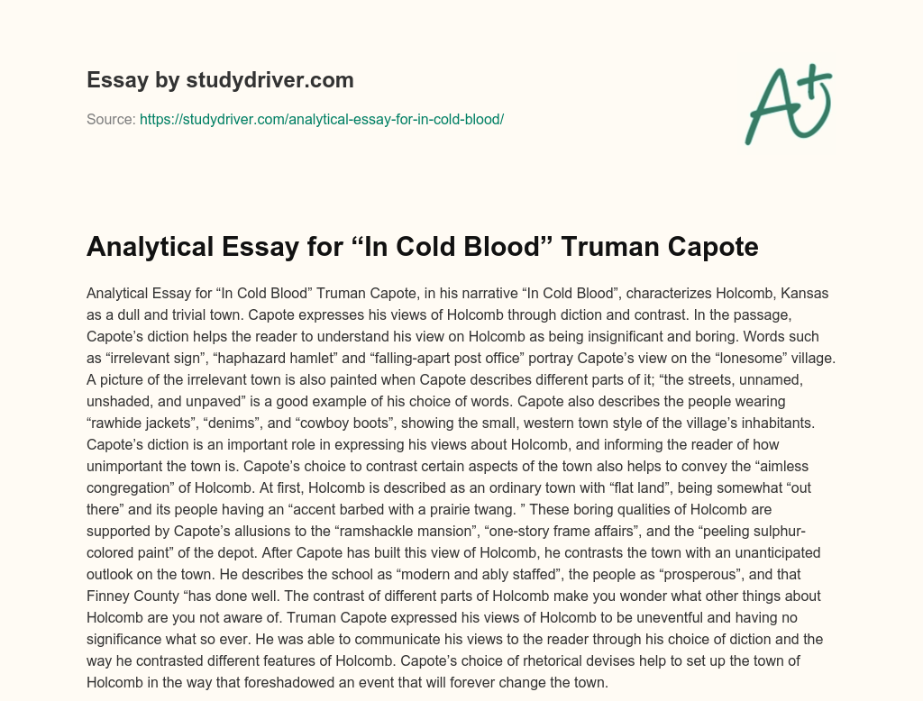Analytical Essay for “In Cold Blood” Truman Capote essay
