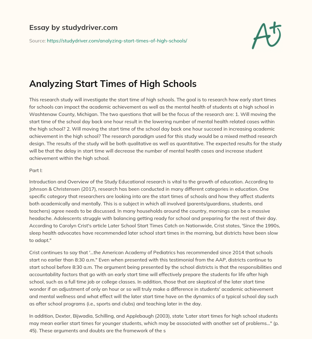 Analyzing Start Times of High Schools essay
