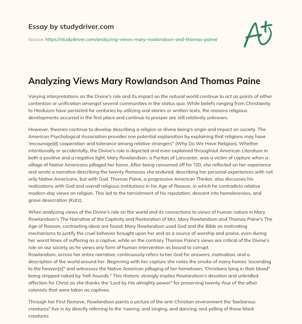 Analyzing Views Mary Rowlandson and Thomas Paine essay
