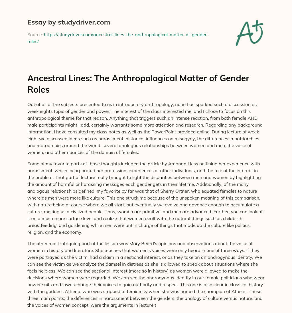 Ancestral Lines: the Anthropological Matter of Gender Roles essay