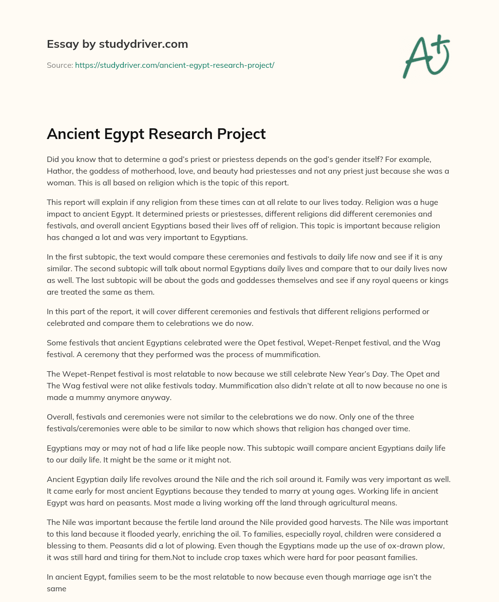 Ancient Egypt Research Project essay