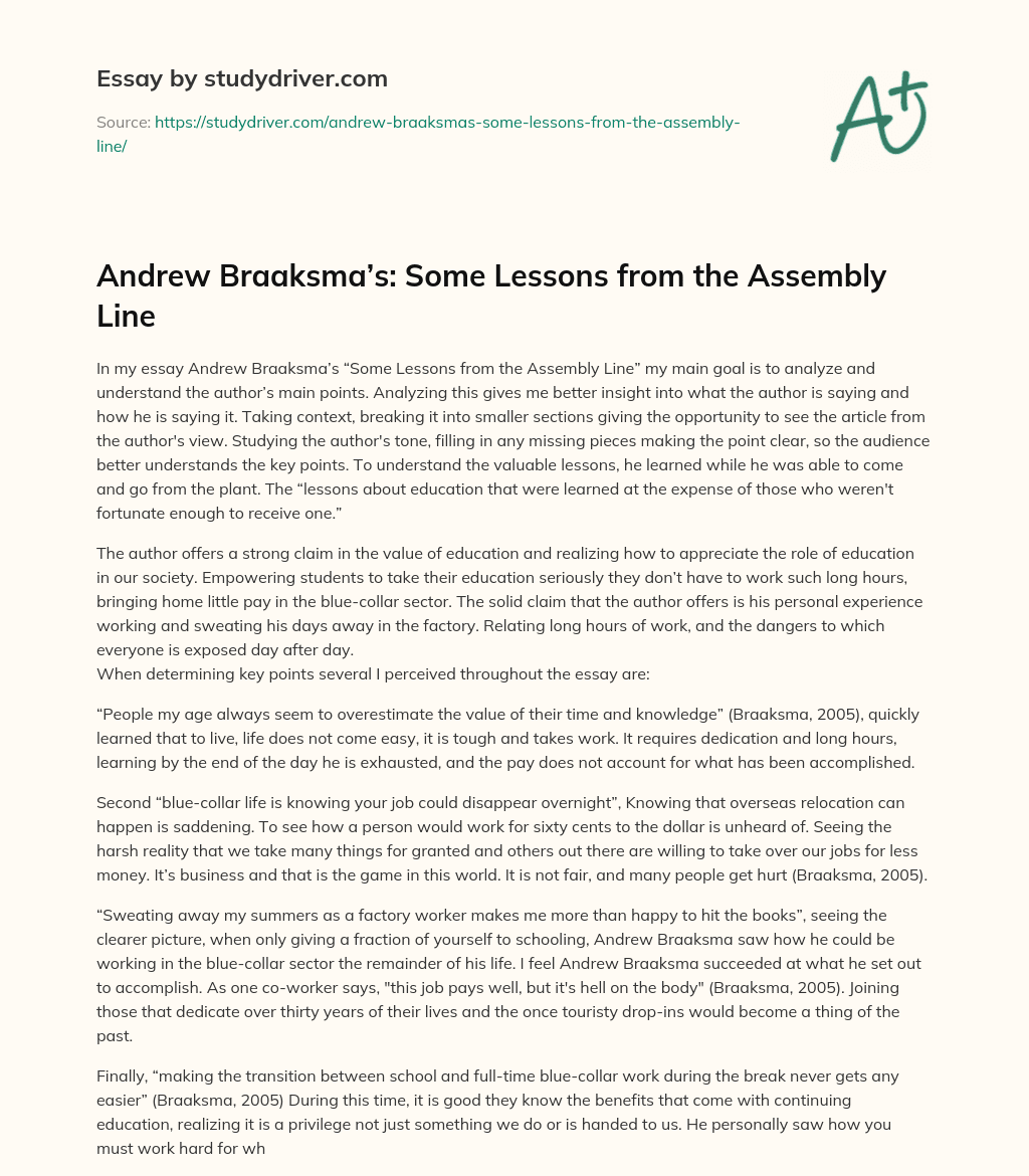 Andrew Braaksma’s: some Lessons from the Assembly Line essay